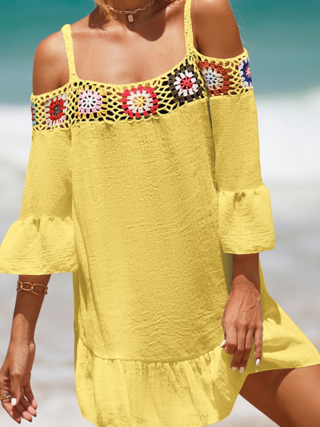 Crochet Cold Shoulder Three-Quarter Sleeve Cover Up Crochet Cold Shoulder Three-Quarter Sleeve Cover Up